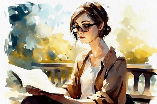 Girl reading a book in the park on a bench, a watercolor painting on textured paper. Digital watercolor painting photo