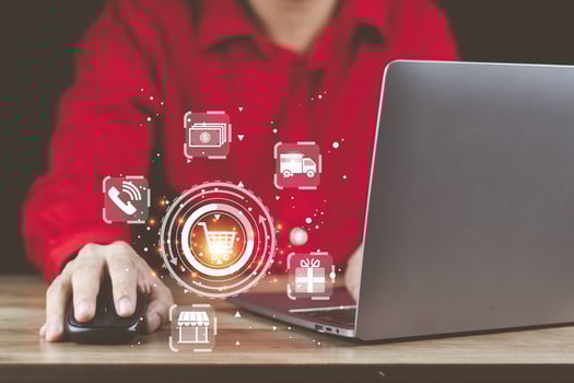 shopping online and payment concept. The hand of a man masks a quick and convenient online shopping order. There is a good delivery system. with payment via internet and credit card photo