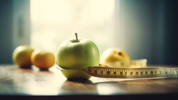 Healthy diet and weight loss concept, apple and tape measure on the nutritionist desk, photo