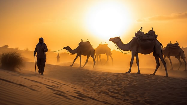 Indian cameleers bedouin with camel silhouettes in sand dunes of Thar desert on sunset. Caravan in Rajasthan travel tourism background safari adventure. Jaisalmer, Rajasthan, India, photo