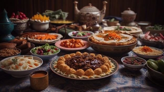 Traditional Eastern dishes on table. Celebration of Eid al-Fitr, Eid Adha, photo