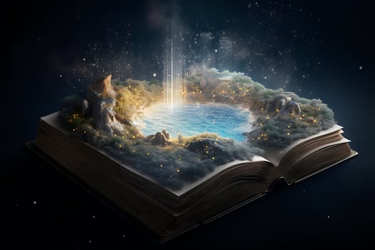 Magical Fairy Tale Book Opens to Breathtaking Galaxy Landscape created with technology photo