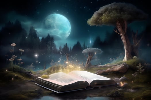 Magical Fairy Tale Book Opens to Breathtaking Galaxy Landscape created with technology photo