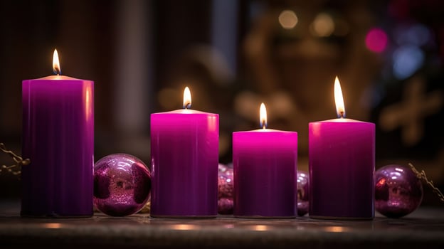 Advent Candles In Church - Three Purple And One Pink As A Catholic Symbol, photo