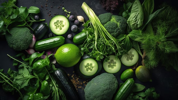 Raw healthy food clean eating vegetables, cucumber, alfalfa, zucchini, spinach, basil, green peas, dill, parsley, avocado, broccoli, lime on dark stone background, photo