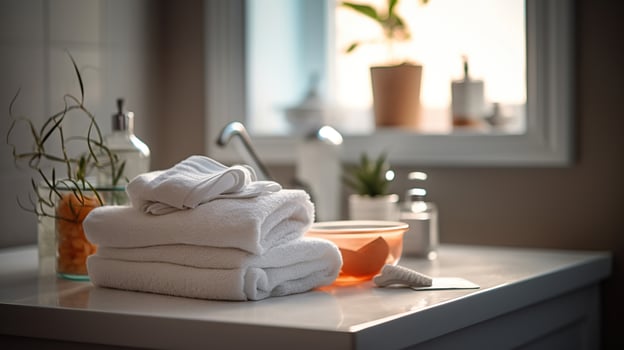 Toiletries and towels in the bathroom, personal hygiene concept, photo