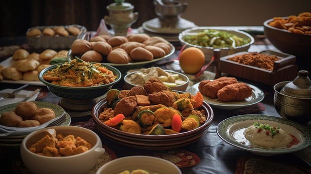 Traditional Eastern dishes on table. Celebration of Eid al-Fitr, Eid Adha, photo