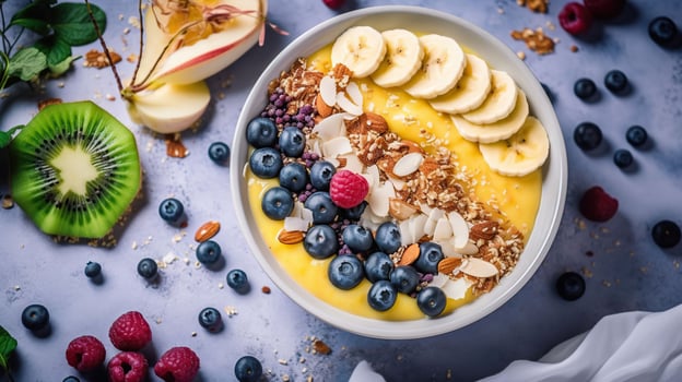 Healthy pineapple, mango smoothie bowl with coconut, bananas, blueberries and granola. dark baground, photo