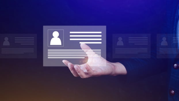 Human resources manager choosing professional profile to hire on virtual screen interface, recruitment concept. Businessman hand pointing icon resource HR management concept photo