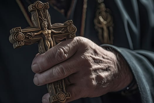 Church priest holds religious cross in hands. photo
