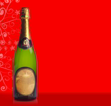 Bottle of champagne with blank label on red background photo