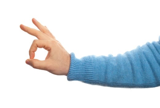 Concept of OK with hand on white background photo