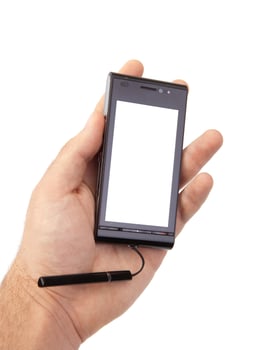 Hand holding blank mobile smartphone photo