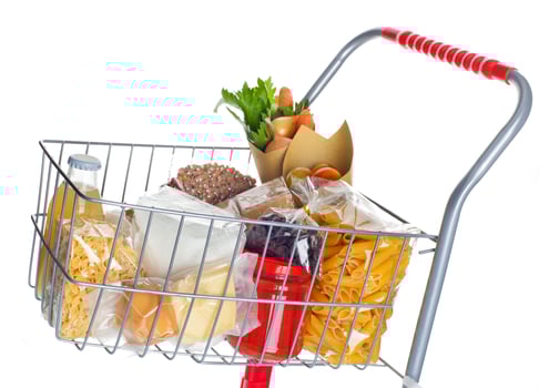 Shopping cart full with food products photo