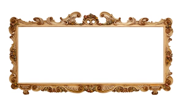 An ornate gold frame with a white background photo