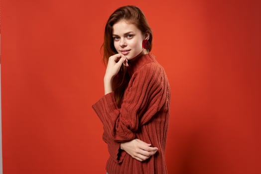 woman in red sweater coding decoration luxury red background photo