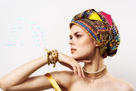 cheerful woman decoration multicolored turban ethnicity fashion studio photo