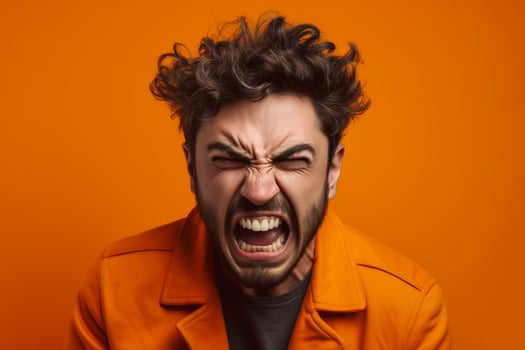 a man on solid color background photoshoot with Anger face experession photo