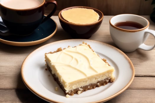 Vanilla slice. Delicious chocolate cheesecake with cup of coffee on wooden table. photo