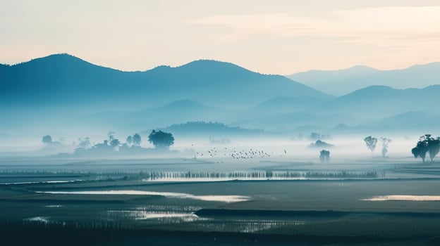 Majestic Mountains and Misty Paddy Fields. photo