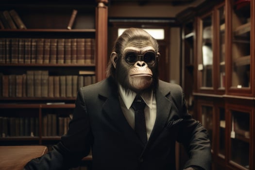 Ape with a suit in a library photo