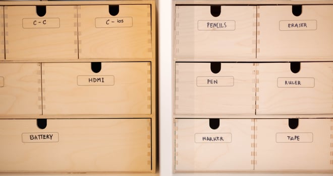The wood drawer with office tools that put on the wood shelf in the room. photo