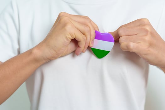 Queer Pride Day and LGBT pride month concept. purple, white and green heart shape for Lesbian, Gay, Bisexual, Transgender, genderqueer and Pansexual community photo