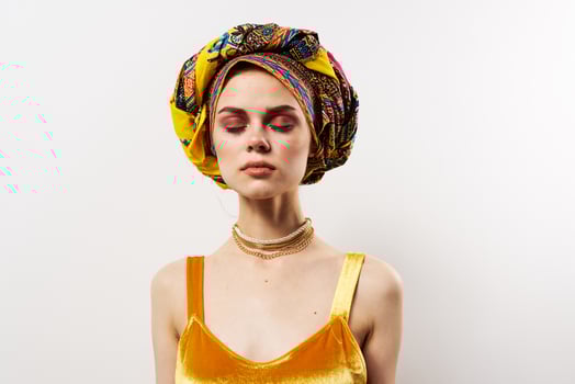 pretty woman multicolored turban fashion ethnicity photo