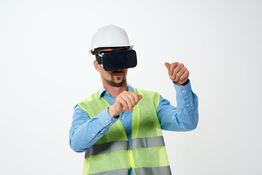 construction worker in working form blueprints virtual reality glasses construction photo