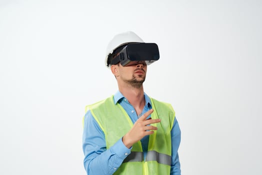 man in working uniform professional engineer drawing virtual reality glasses photo