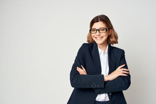 Business woman in black suit posing fashion work professional photo