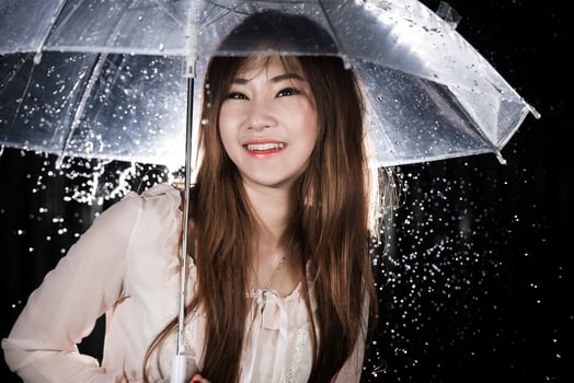 Happy Chinese girl with rain and transparent umbrella photo