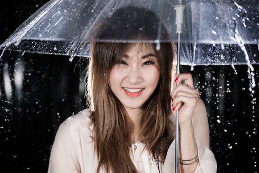Happy Chinese girl with rain and transparent umbrella photo