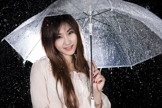 Happy Chinese girl with rain and transparent umbrella photo