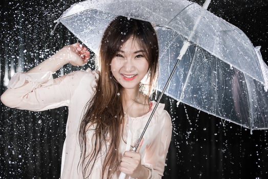 Happy Chinese girl with rain and transparent umbrella photo