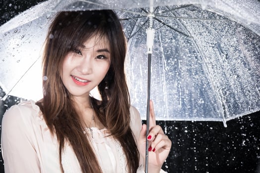 Happy girl holding transparent umbrella among the rain photo
