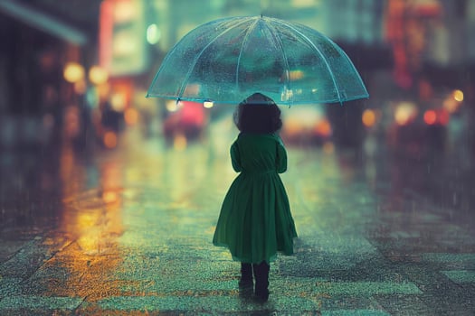 Girl with umbrella under rain, night city lights. art photo