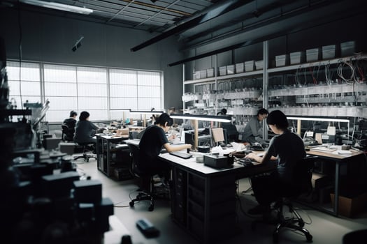 A team of AI researchers is working diligently in a brightly lit laboratory photo