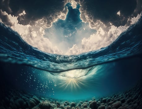 Mesmerizing Marine Life Underwater Scene Featuring Colorful Rocks, Sunbeams, and Vibrant Plants in Crystal Clear Waters photo