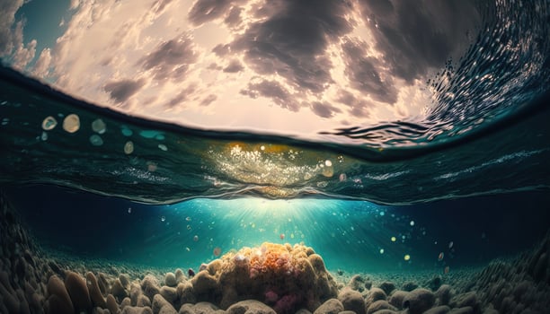 Vibrant Underwater Beauty Colorful Rocks, Plants, and Sunlight Create a Mesmerizing Scene in Crystal Clear Waters photo