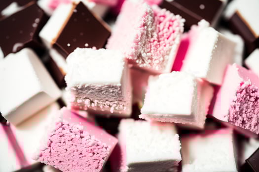 An assortment of colorful candies, chocolate, bars and chocolate pieces, sweet food. Close up of colorful marshmallows. photo