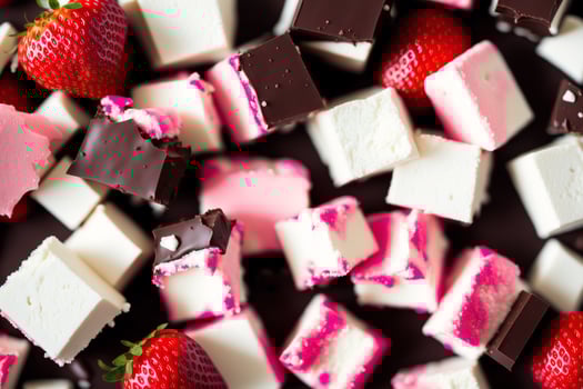 An assortment of colorful candies, chocolate, bars and chocolate pieces, sweet food. Close up of colorful marshmallows. photo