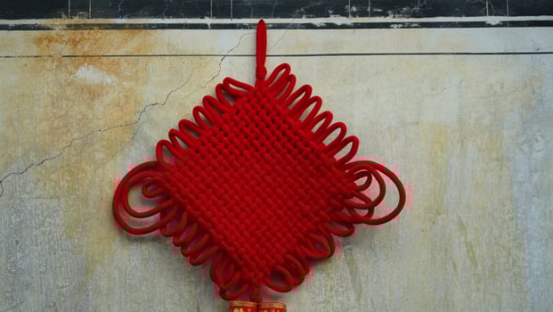 The red Chinese fabric knots hanging up during the festival days for the good blessing photo