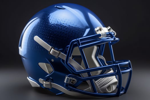 3D rendered metallic blue American football helmet isolated on grey background. photo