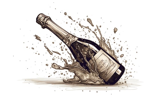 Line Drawing Champagne Bottle With Splash Opening In Victory And Holiday Concept On White. photo