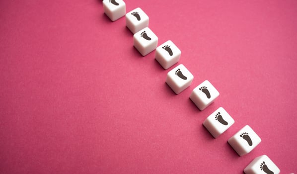 Blocks with footprints on a lilac background. Pave your way. Move forward. Step by step. New opportunities. Set a target and find ways to achieve it. Motivation, self-development. photo