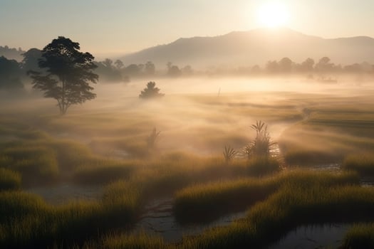 Sunrise on the rice field AI Generate photo