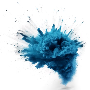 Abstract blue dust explosion on white background. Freeze motion of blue powder splash. Painted Holi in festival, generate ai photo