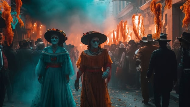 Day of the Dead skulls. Dia de los Muertos. Day of the Dead and Mexican Halloween background. Mexican tradition festival. Day of the dead sugar skull. Dia de los Muertos, generate ai photo