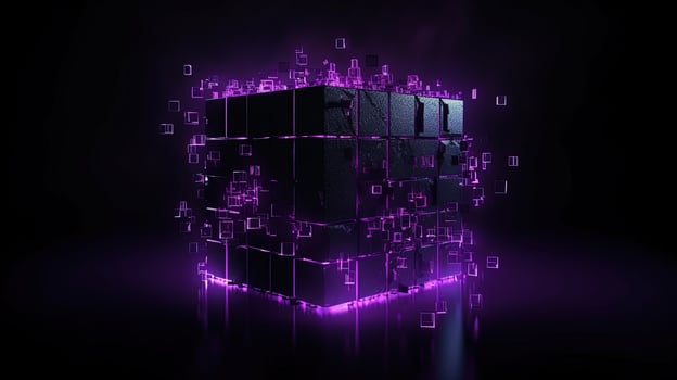 3d rendering of black cubes with purple neon lights on black background. photo